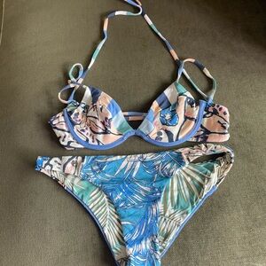 Maje Blue and Mint Tropical Print Bikini Set